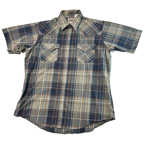 Ely Cattleman Pearl Snap Western Shirt Men's L Gray Plaid Short Sleeve Pockets - Picture 1 of 7